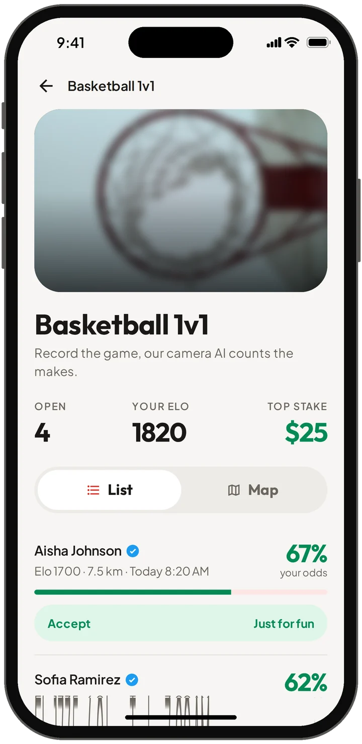 Basketball 1v1 page with open challenges and your odds
